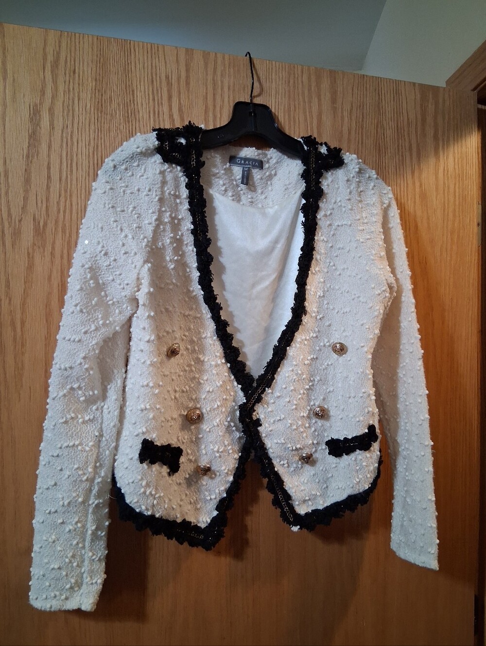 Gracia Textured Tweed Blazer with Black Trim, knobby or looped boucle-tweed knit